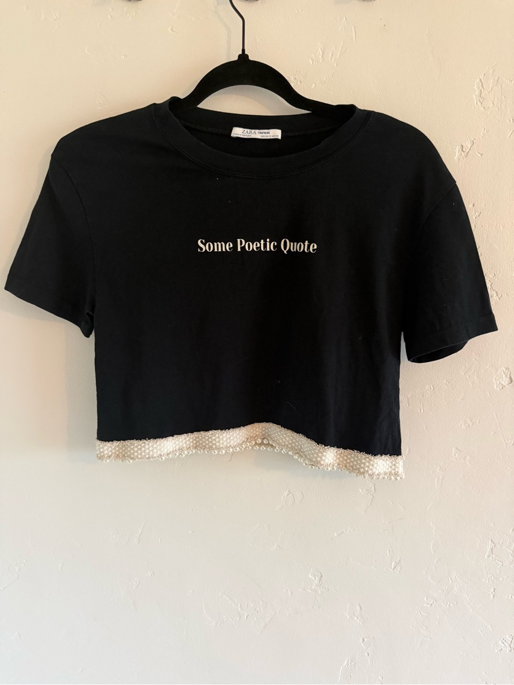 Zara Black Cropped Tee with Pearl-Trim Hem